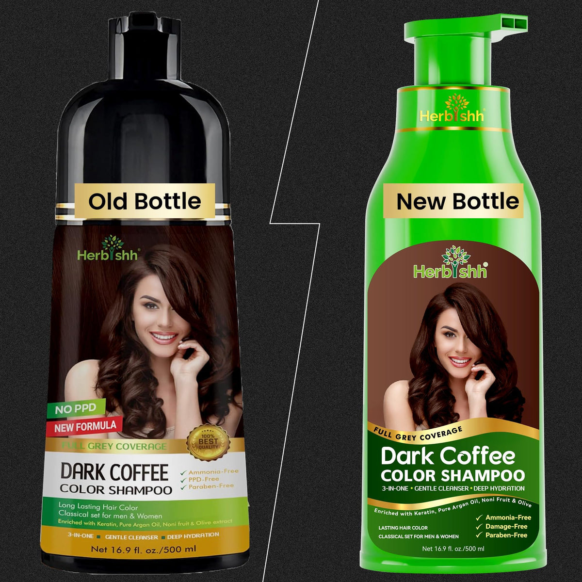 Herbishh Dark Coffee shampoo pouring to show creamy texture and easy application