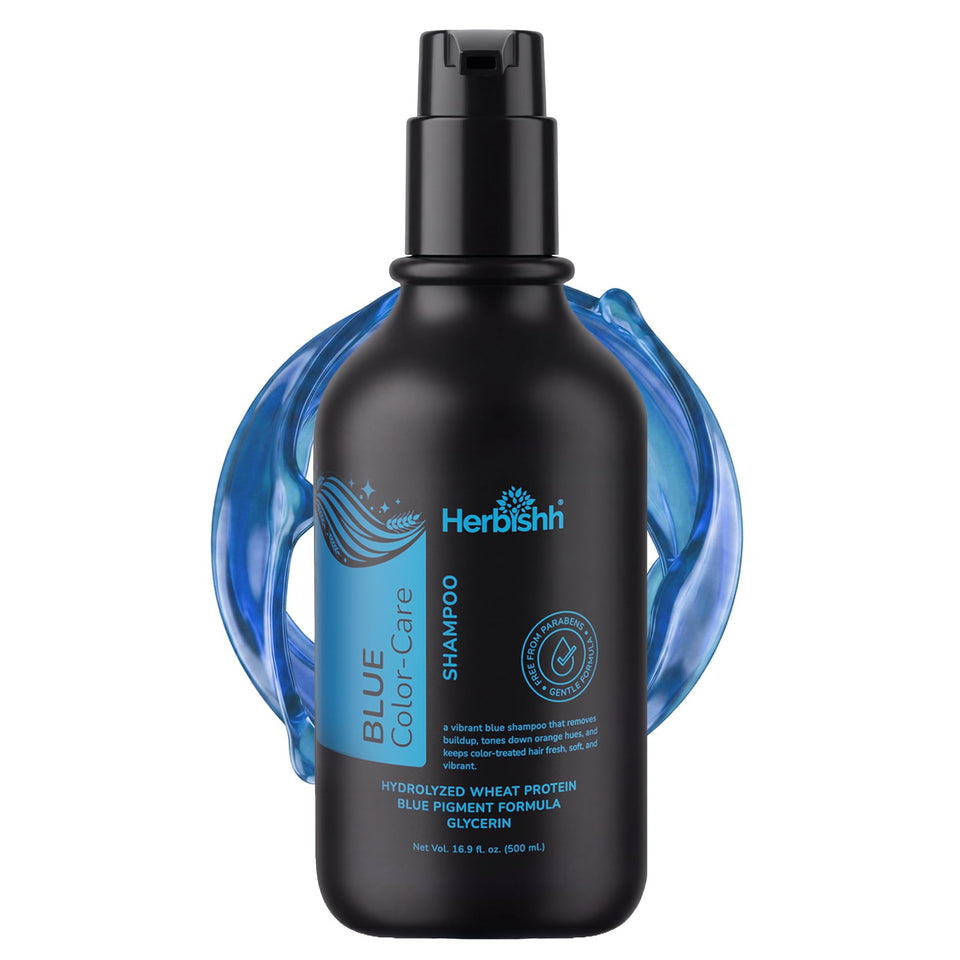 Herbishh bottle front label showing blue toning shampoo benefit