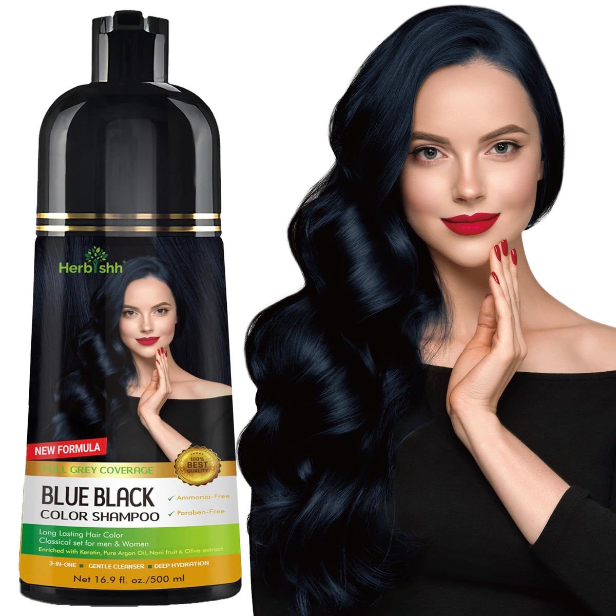 Herbishh front packaging showing blue black bottle and key benefits