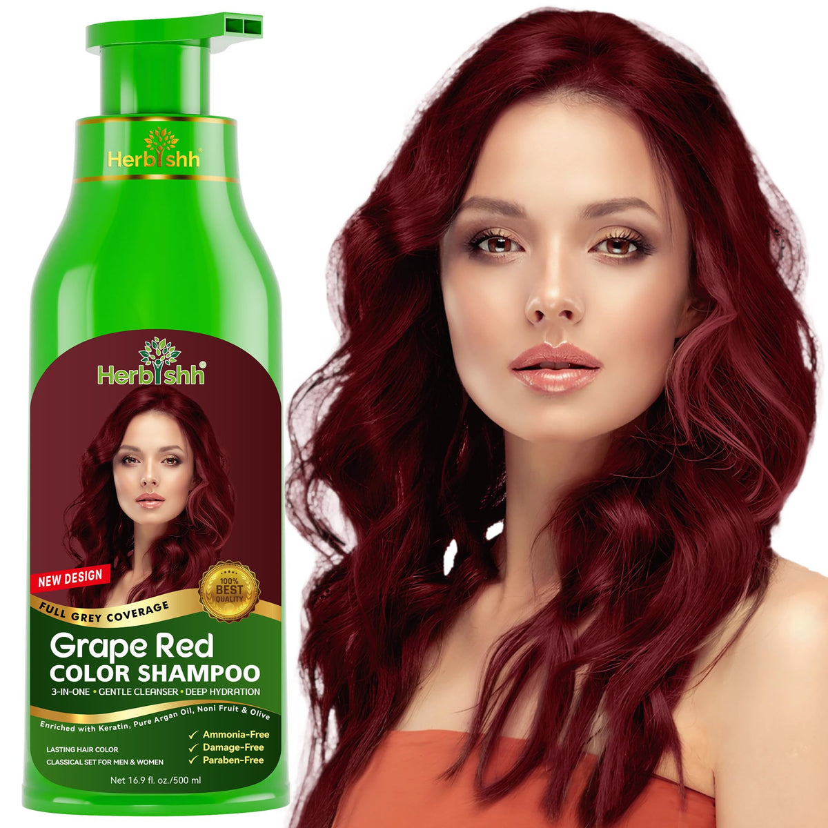 Herbishh front bottle showing grape red shade and 500 ml capacity for convenience