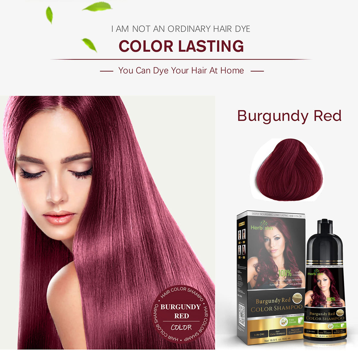 Herbishh styled burgundy hair in lifestyle photo showing rich tone and healthy shine