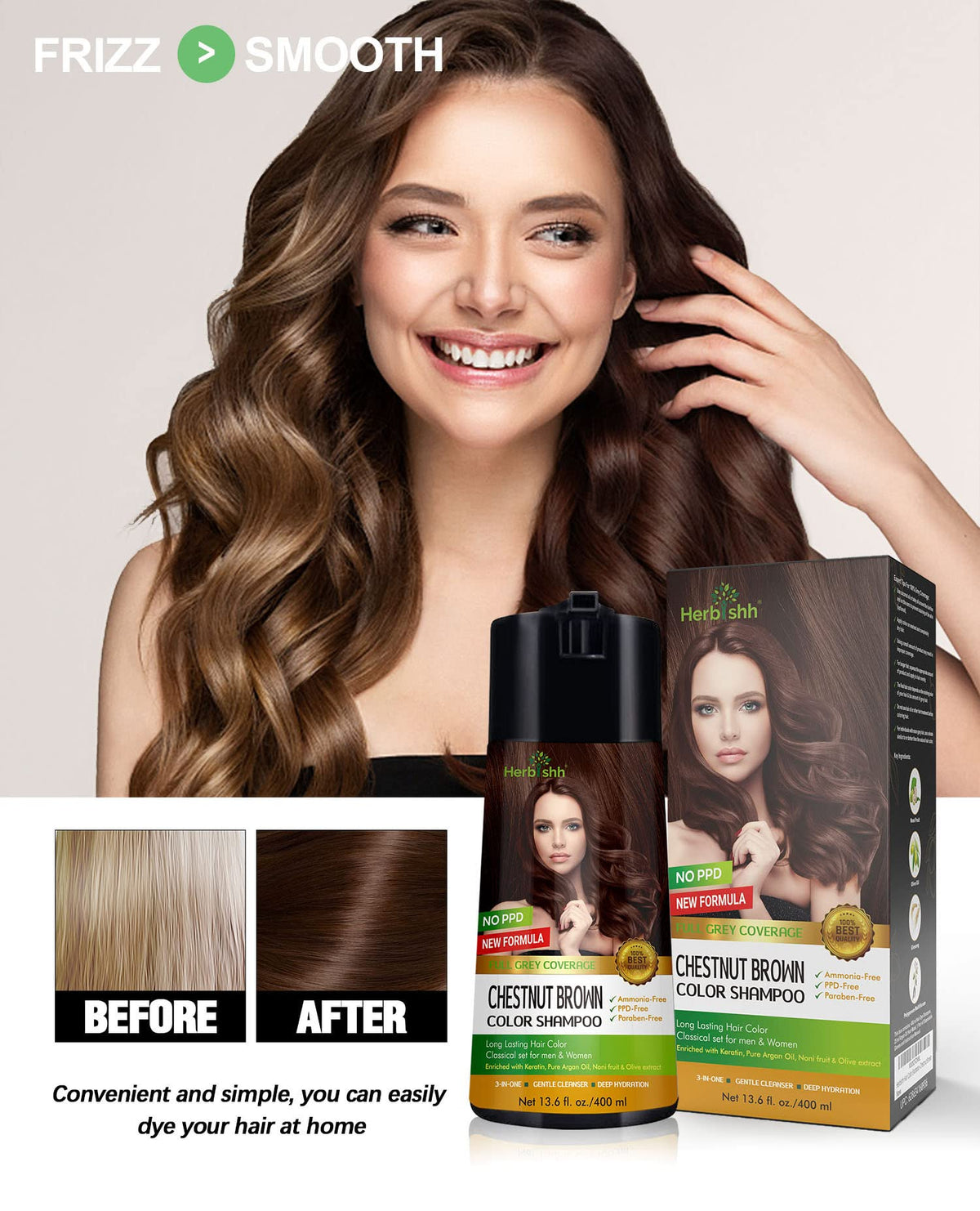 Herbishh lifestyle shot of woman with chestnut hair showing natural look
