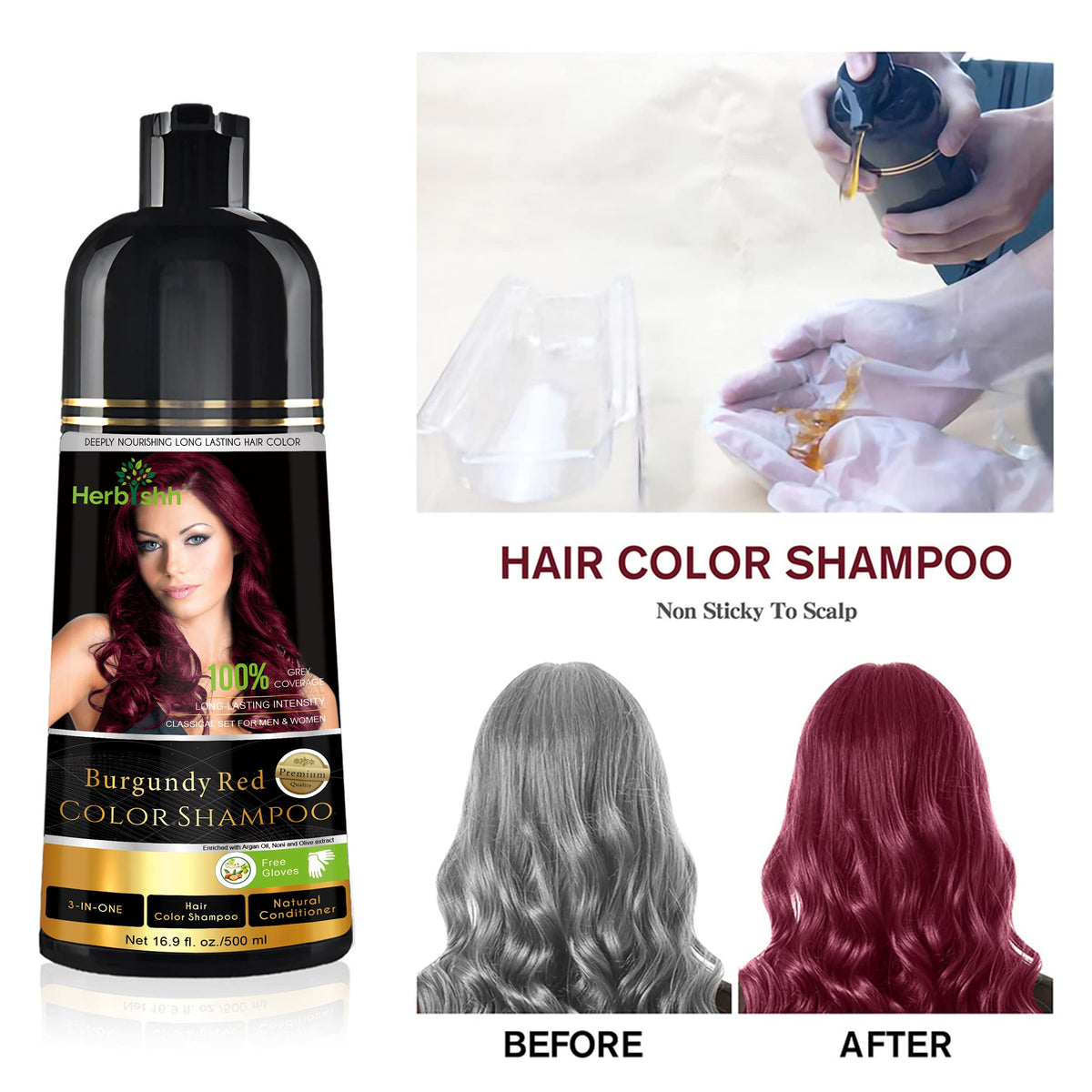 Herbishh shampoo texture lather close-up showcasing burgundy pigment and conditioning feel