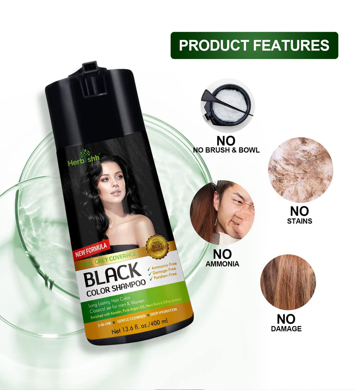 Herbishh bottle next to hand showing 400ml size and travel-friendly benefit