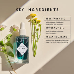 HERBIVORE blue tansy flowers and botanicals illustrating soothing ingredient benefits