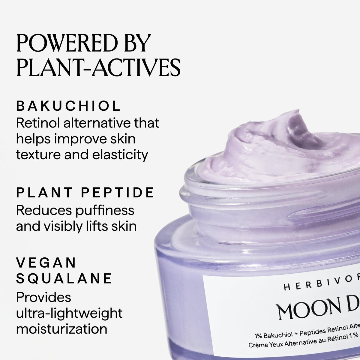 HERBIVORE Moon Dew bakuchiol and peptide ingredients displayed to show plant power benefit