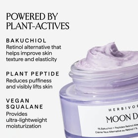 HERBIVORE Moon Dew bakuchiol and peptide ingredients displayed to show plant power benefit
