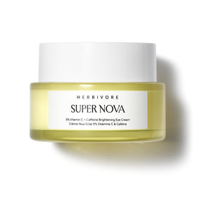 HERBIVORE front packaging of Super Nova eye cream shows compact jar and label, brightening benefit