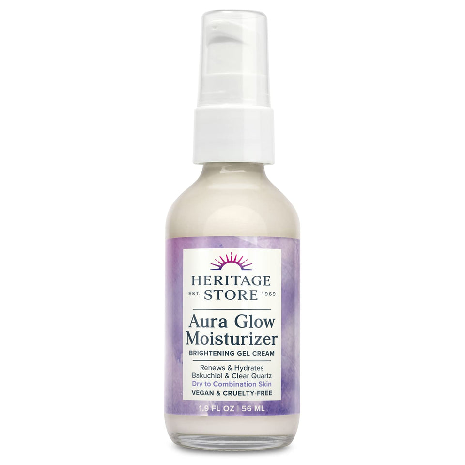 HERITAGE STORE jar front packaging showing label and glass bottle benefit brightens skin
