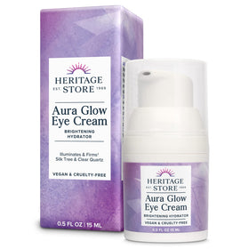 HERITAGE STORE Aura Glow front packaging showing compact 0.5oz tube and brand logo, promotes brightening