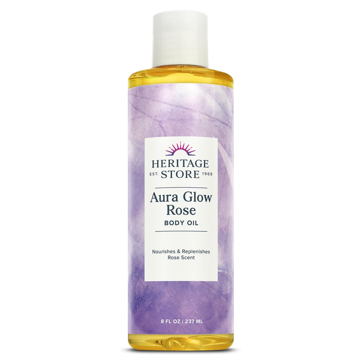 HERITAGE STORE front bottle shot showing rose body oil and its slender bottle benefit hydration