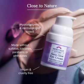 HERITAGE STORE Aura Glow ingredients display with kelp, bakuchiol and clear quartz highlighting natural actives