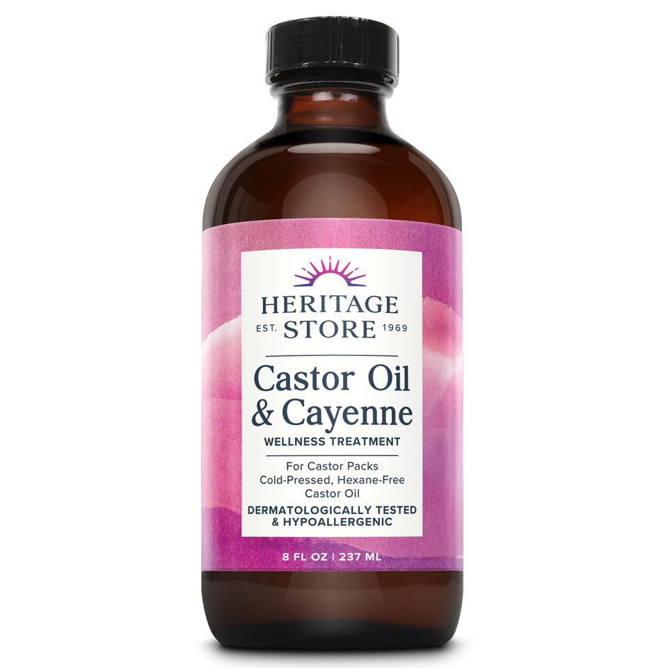 HERITAGE STORE front packaging showing 8oz castor oil and cayenne, clear label benefit