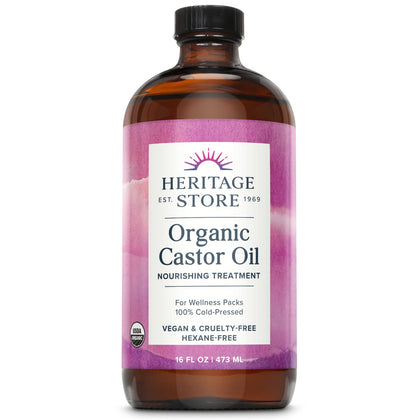 HERITAGE STORE glass bottle front view showing organic label and size benefit