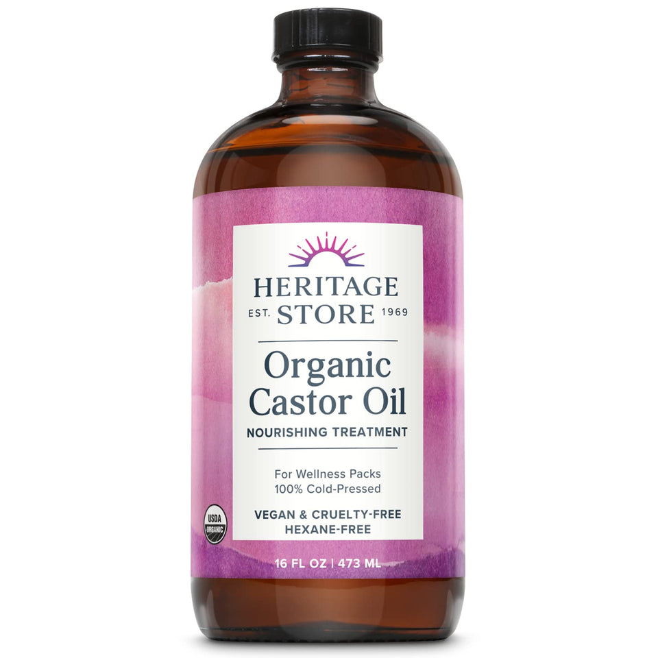 HERITAGE STORE glass bottle front view showing organic label and size benefit