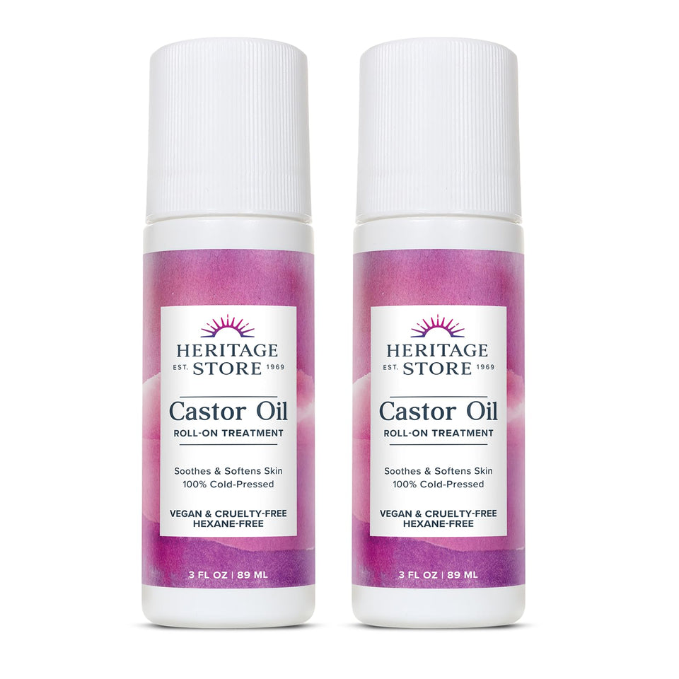 HERITAGE STORE front packaging showing two 3-oz castor oil roll-ons for targeted hydration