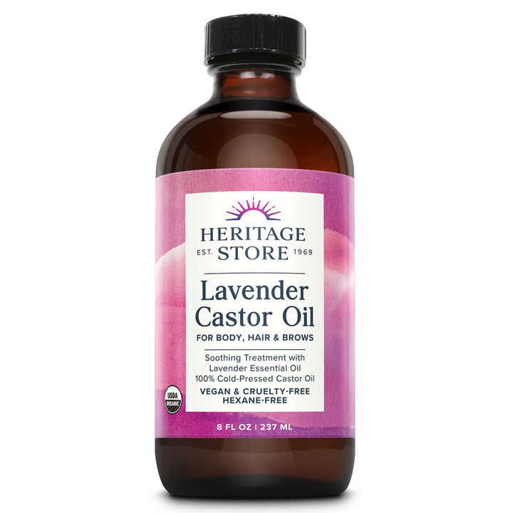 HERITAGE STORE front bottle shot showing label and calming lavender scent benefit