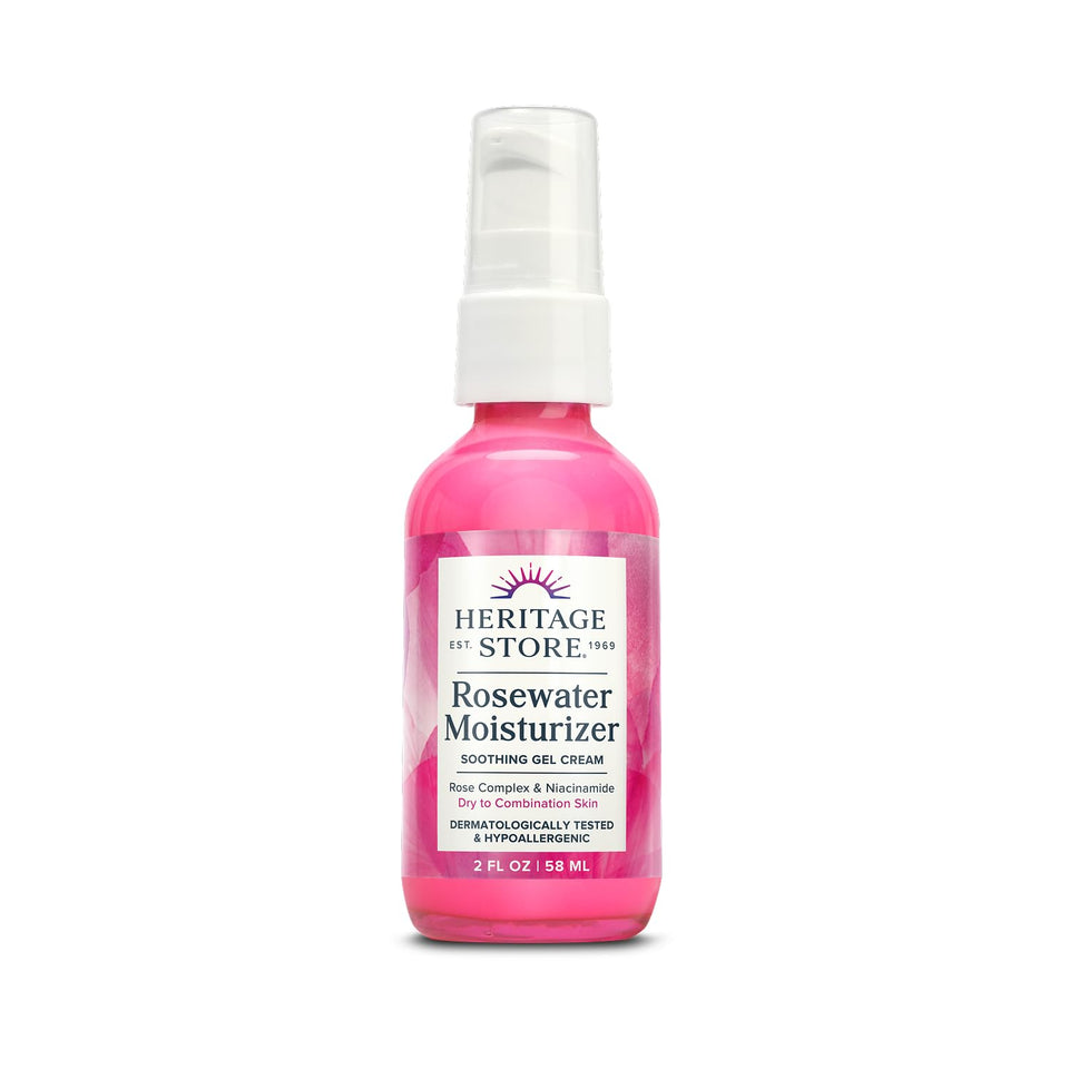 HERITAGE STORE front packaging showing soothing rosewater moisturizer benefit