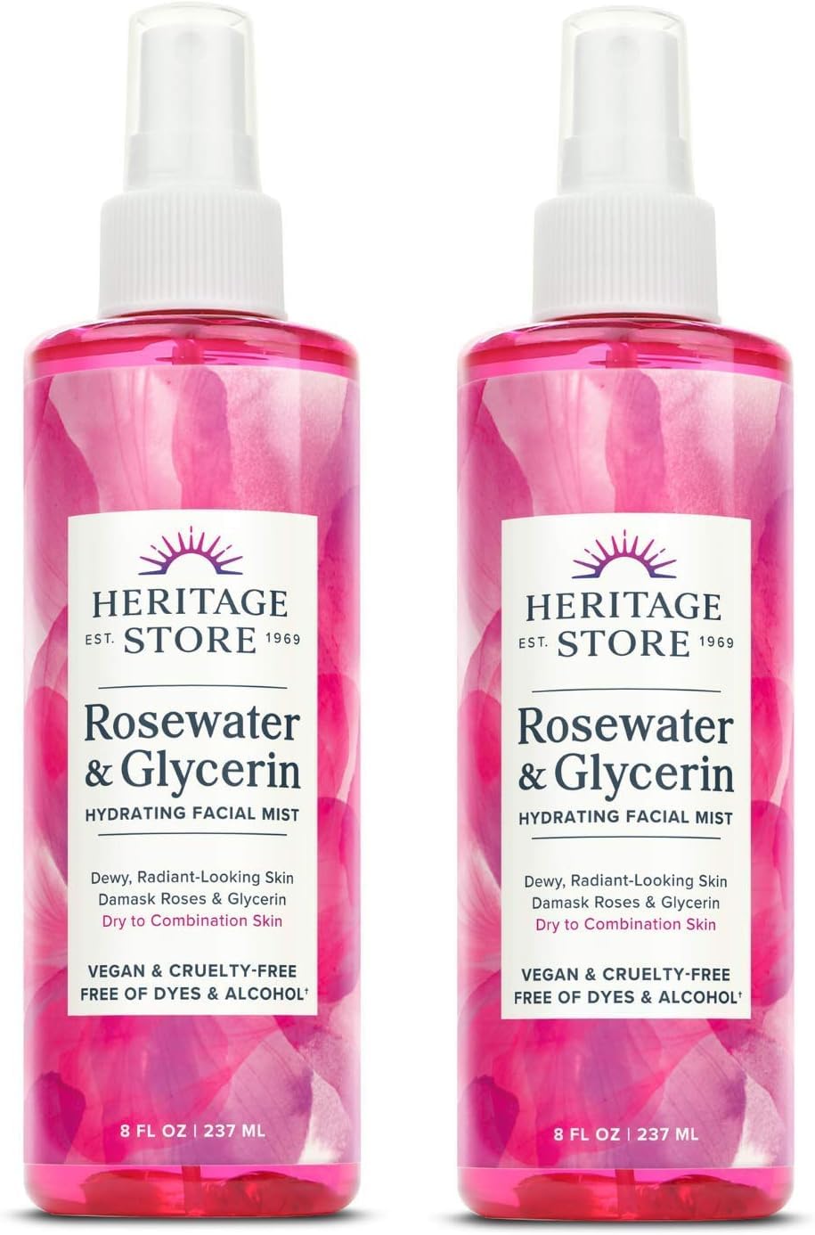 HERITAGE STORE front packaging showing two 8 oz rosewater bottles for travel convenience