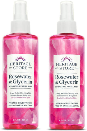 HERITAGE STORE front packaging showing two 8 oz rosewater bottles for travel convenience