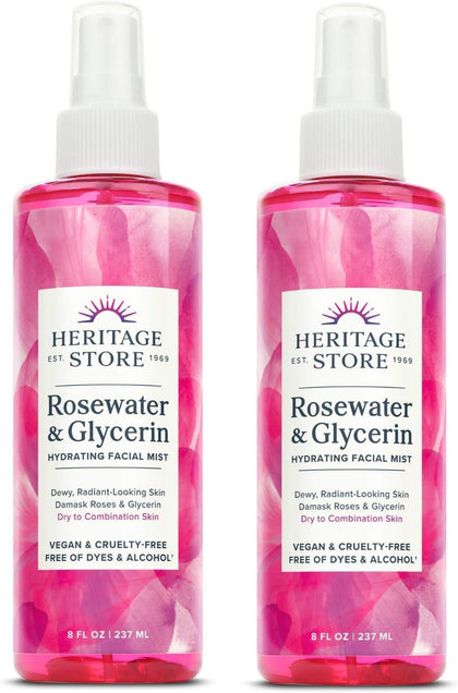 HERITAGE STORE front packaging showing two 8 oz rosewater bottles for travel convenience