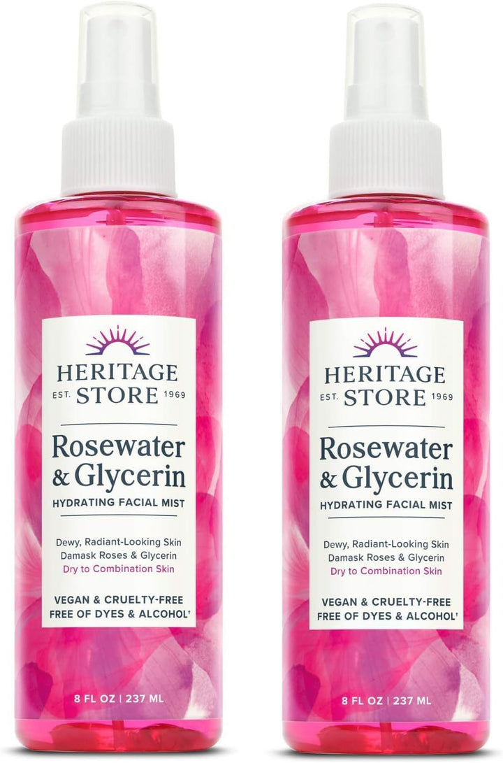 HERITAGE STORE front packaging showing two 8 oz rosewater bottles for travel convenience