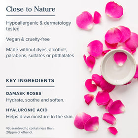 HERITAGE STORE rose petals and rosewater highlighting botanical base and soothing benefit