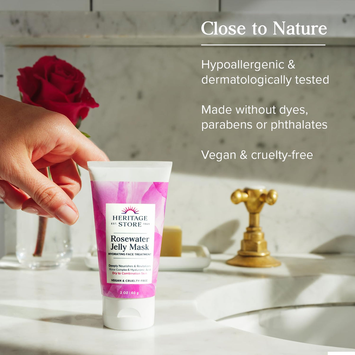 HERITAGE STORE applying mask on face demonstrating soothing moisture