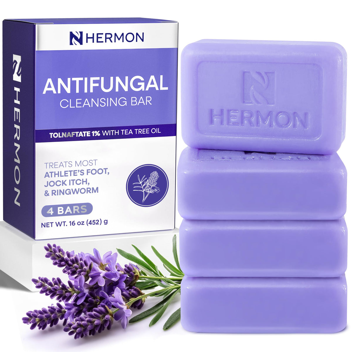 Hermon antifungal bar front packaging showing product benefits and lavender scent