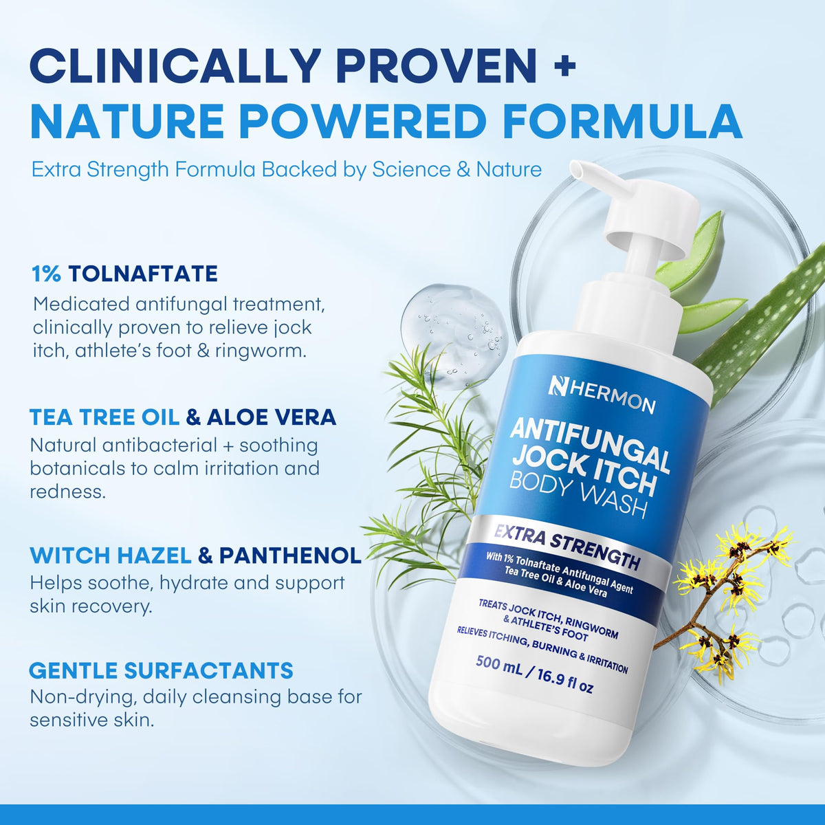 Hermon in shower being applied to skin, illustrating targeted application and cleansing