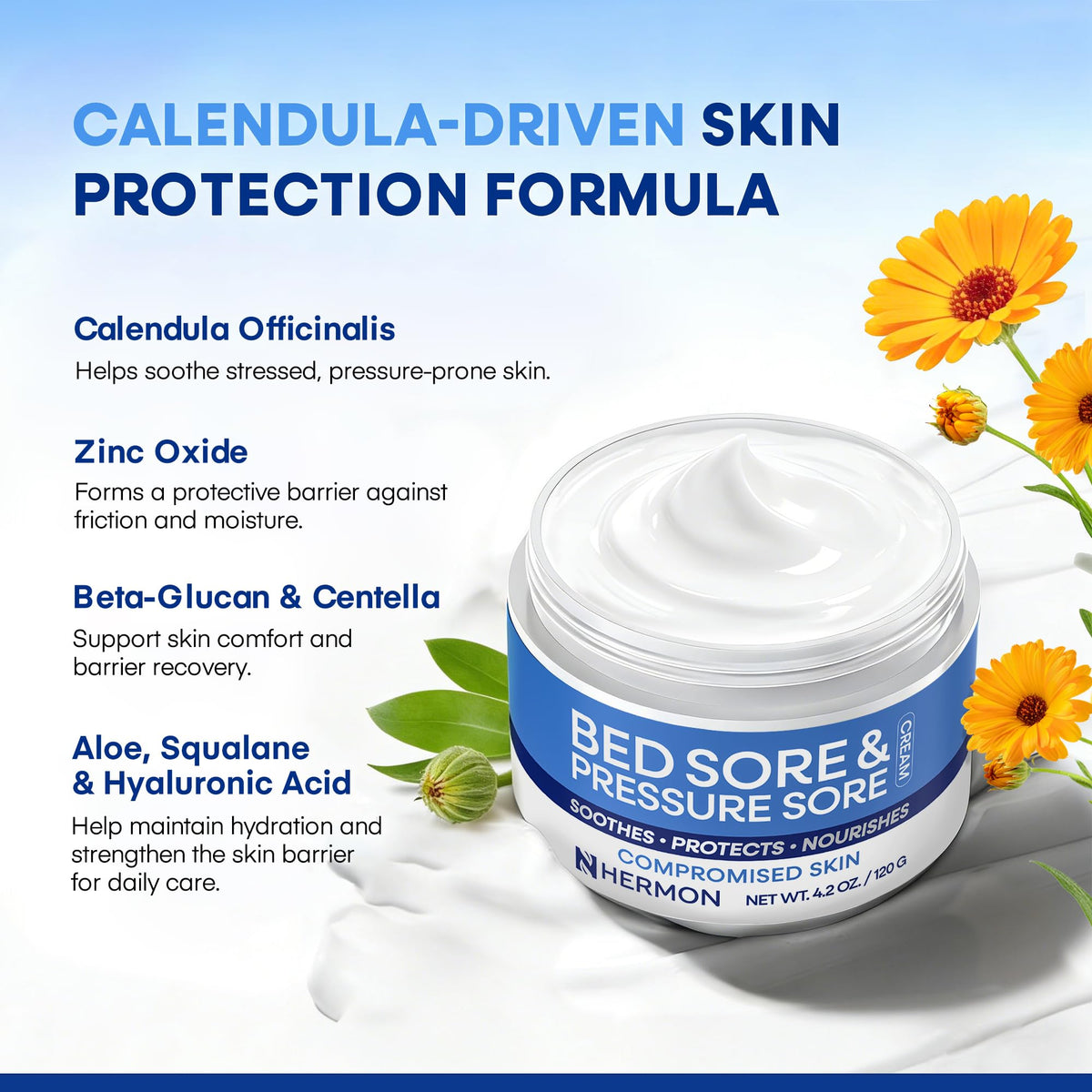 Hermon cream applied to elbow illustrating reduced friction and soothing effect