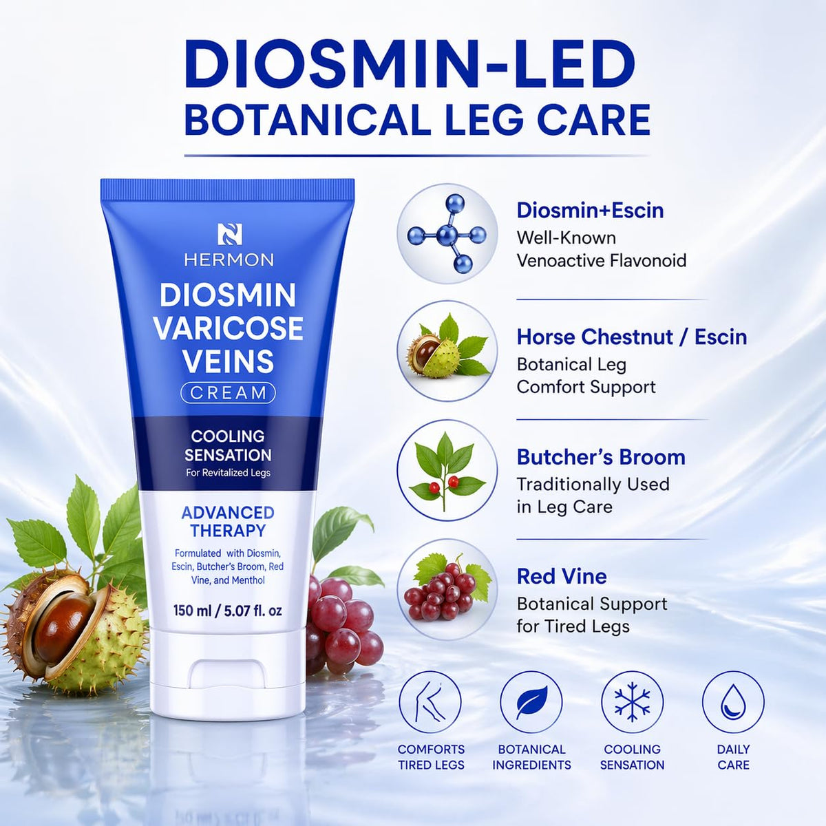 Hermon applying gel on leg showing targeted smoothing and comfort benefit