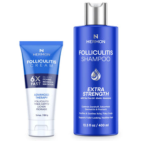 Hermon front packaging showing cream and shampoo for clear follicle care