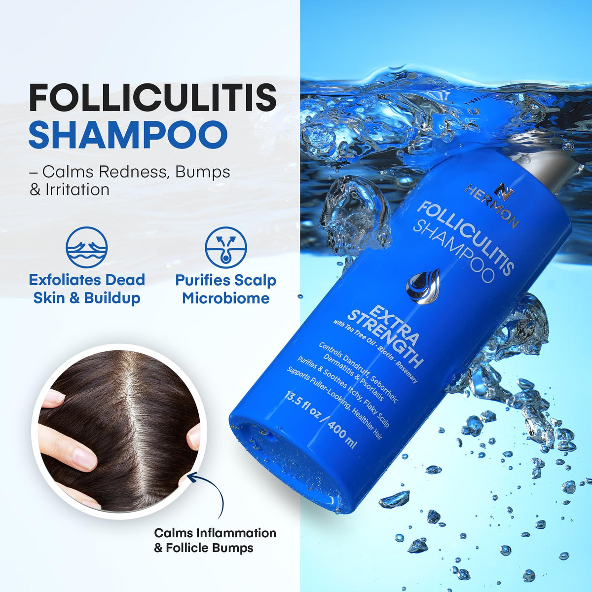 Hermon shampoo applied to wet hair in hand showing easy lather and cleansing benefit