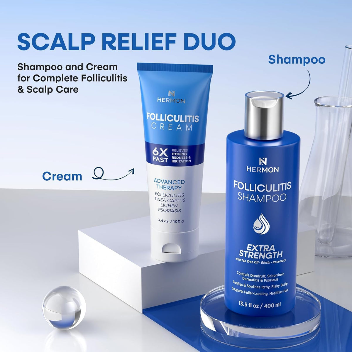 Hermon shampoo lather on scalp illustrating thorough cleansing benefit