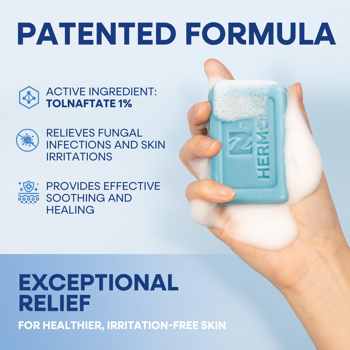 Hermon soap held in hand showing bar size and easy portability for gym use