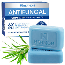 Hermon front packaging shows two tea tree antifungal bars for focused cleansing