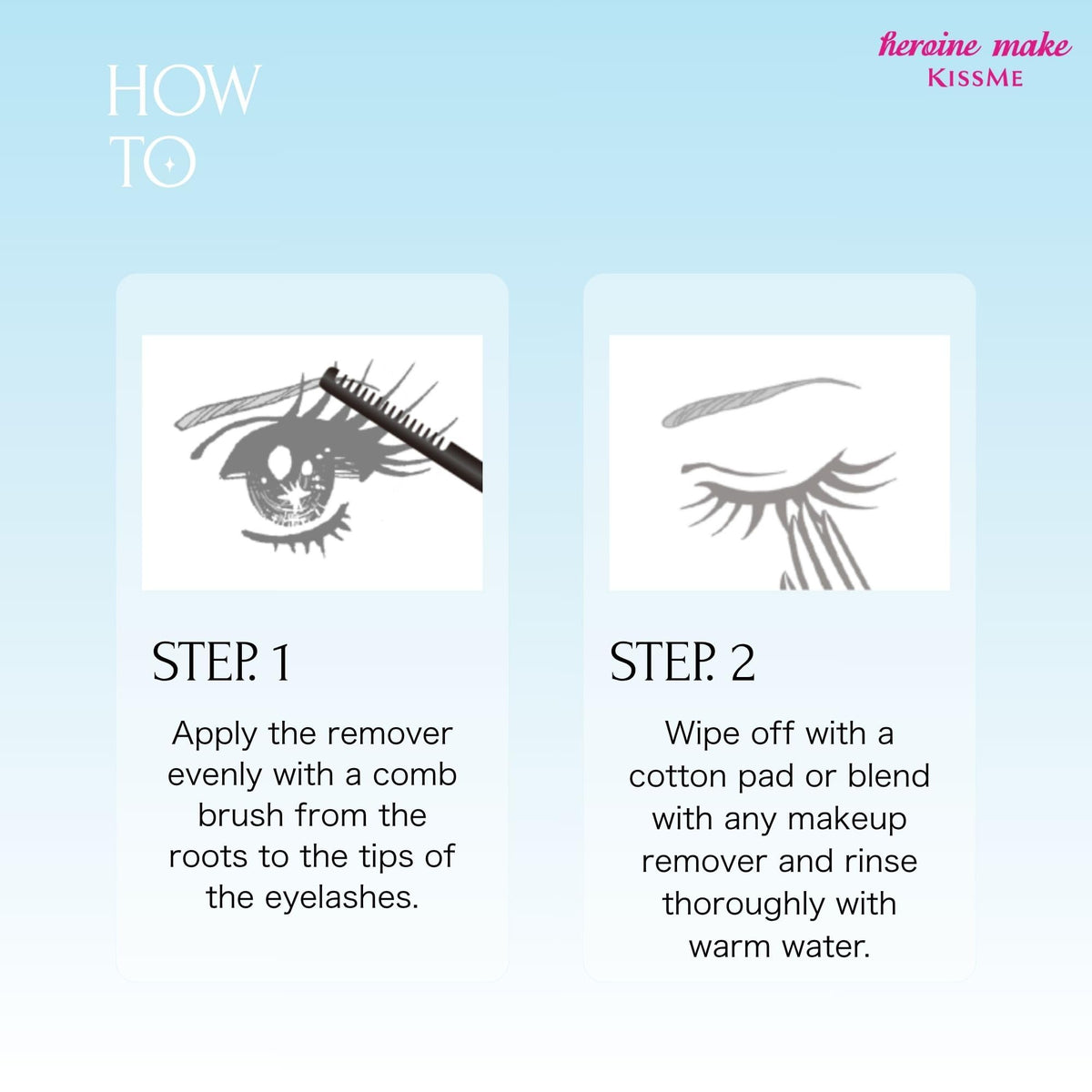 Heroine Make cotton pad removal illustrating gentle wipe and clean lashes