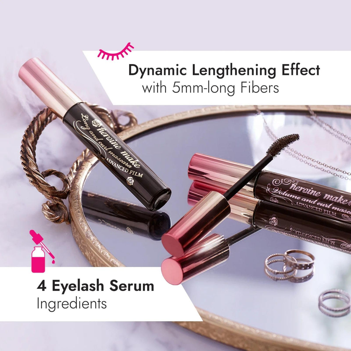 Heroine Make lash before and after demonstrating volume and curl benefit