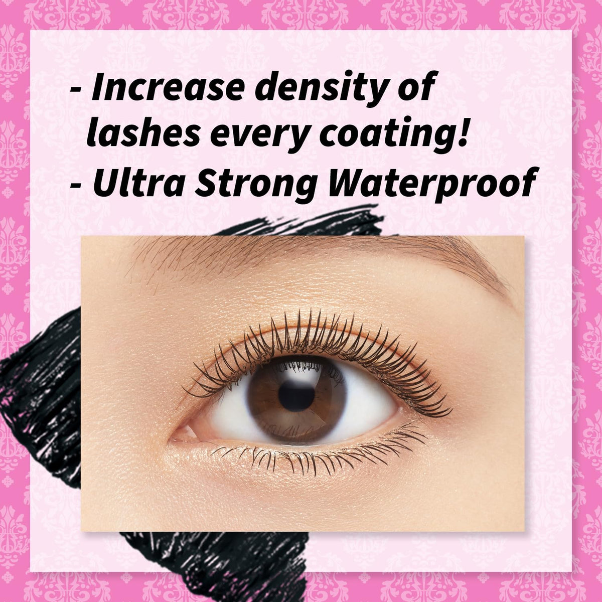 Heroine Make texture swiped on white, smooth film-forming mascara finish
