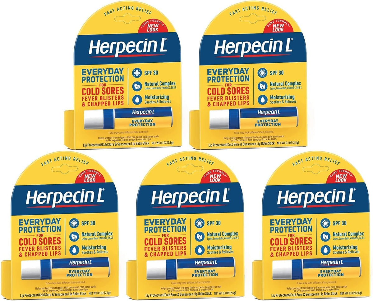 Herpecin-L front packaging showing five tubes and SPF 30 protection