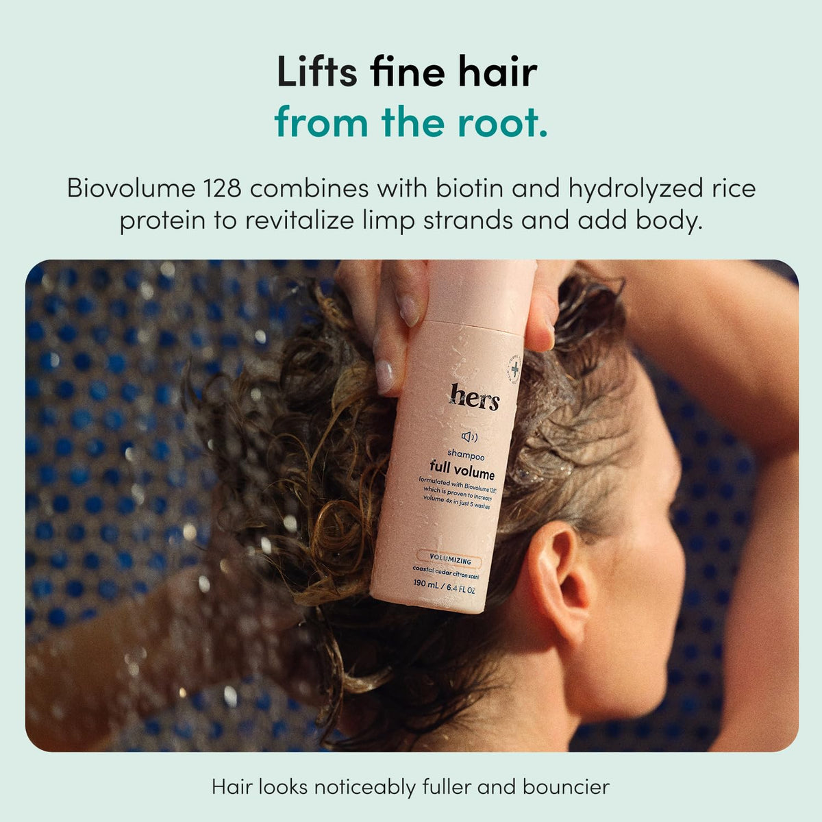 HIMS & HERS creamy shampoo texture demonstrating rich lather for lightweight volume