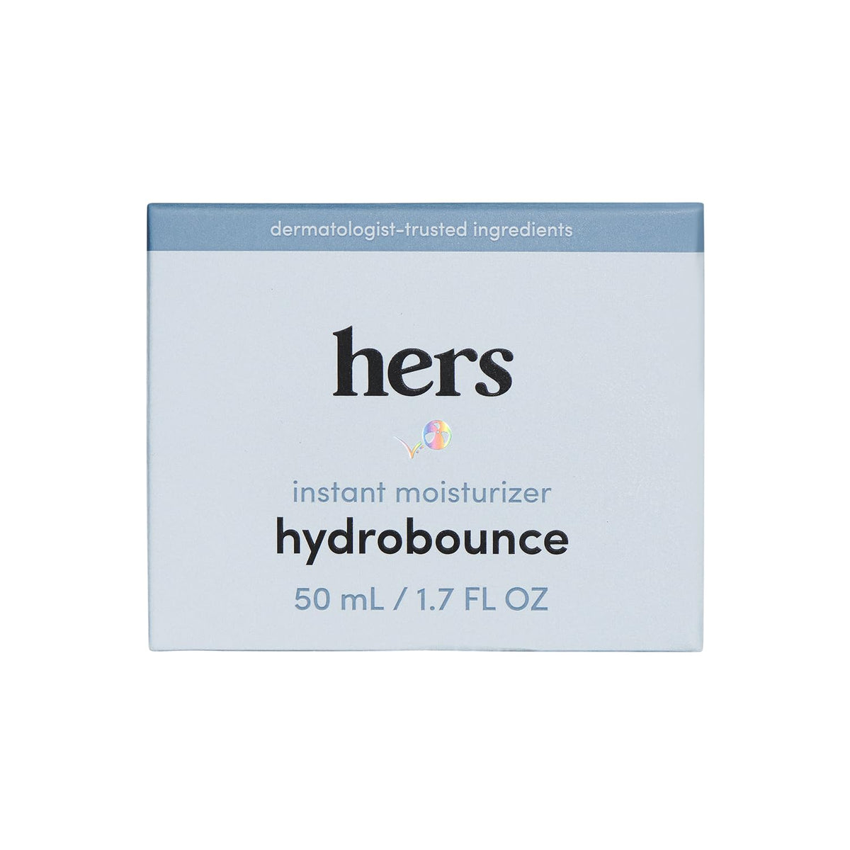 hers hydrobounce front packaging showing compact travel-friendly bottle and benefits