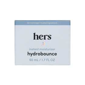 hers hydrobounce front packaging showing compact travel-friendly bottle and benefits