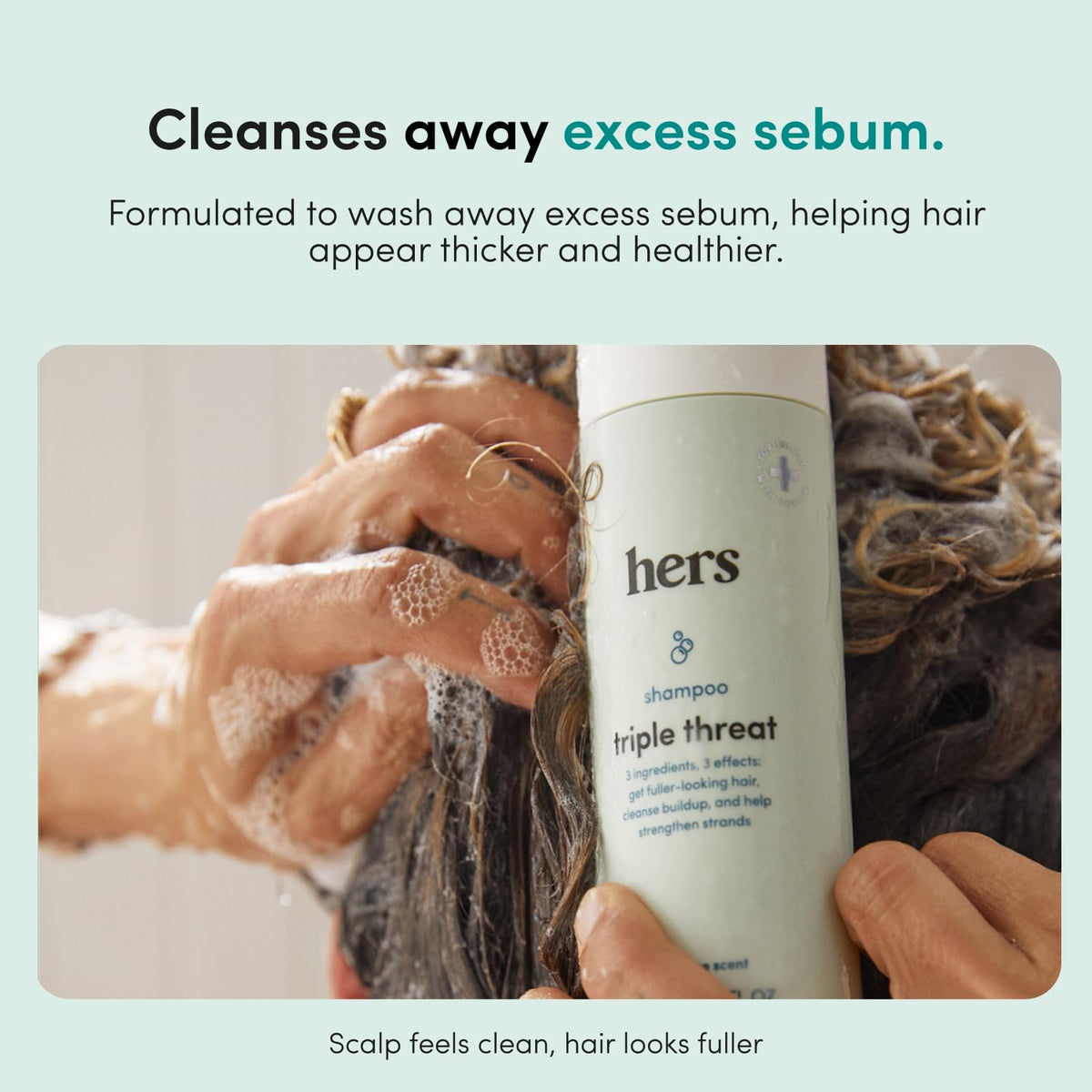 hers shampoo being dispensed from pump, showing creamy texture and easy application