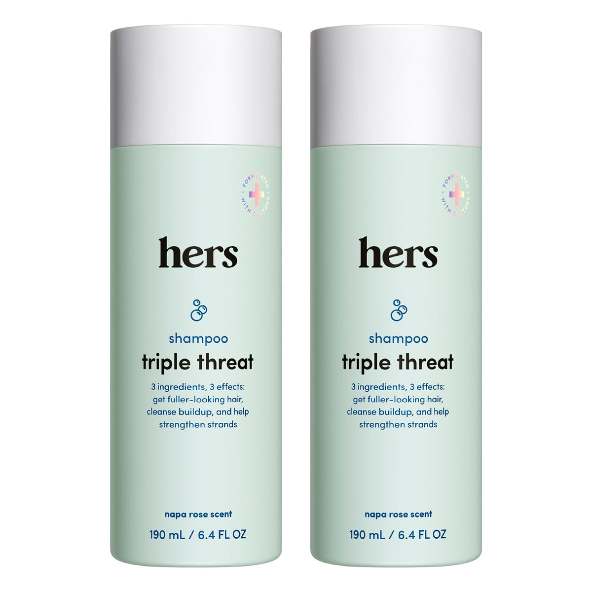 hers Triple Threat front packaging showing bottle and label, highlights volume benefits