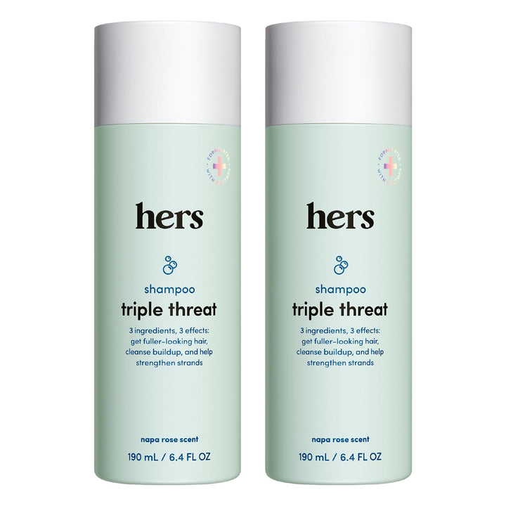 hers Triple Threat front packaging showing bottle and label, highlights volume benefits