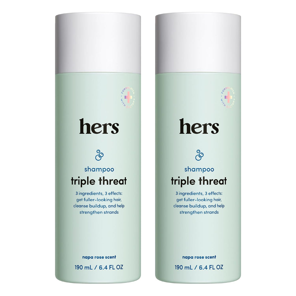 hers Triple Threat front packaging showing bottle and label, highlights volume benefits