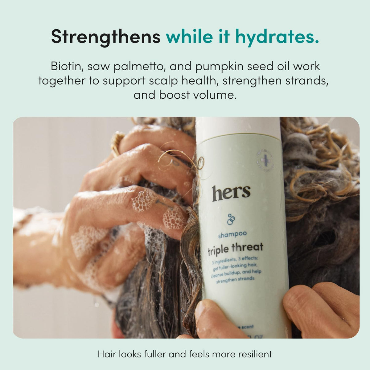 hers shampoo lather texture shown running on hair for gentle cleanse