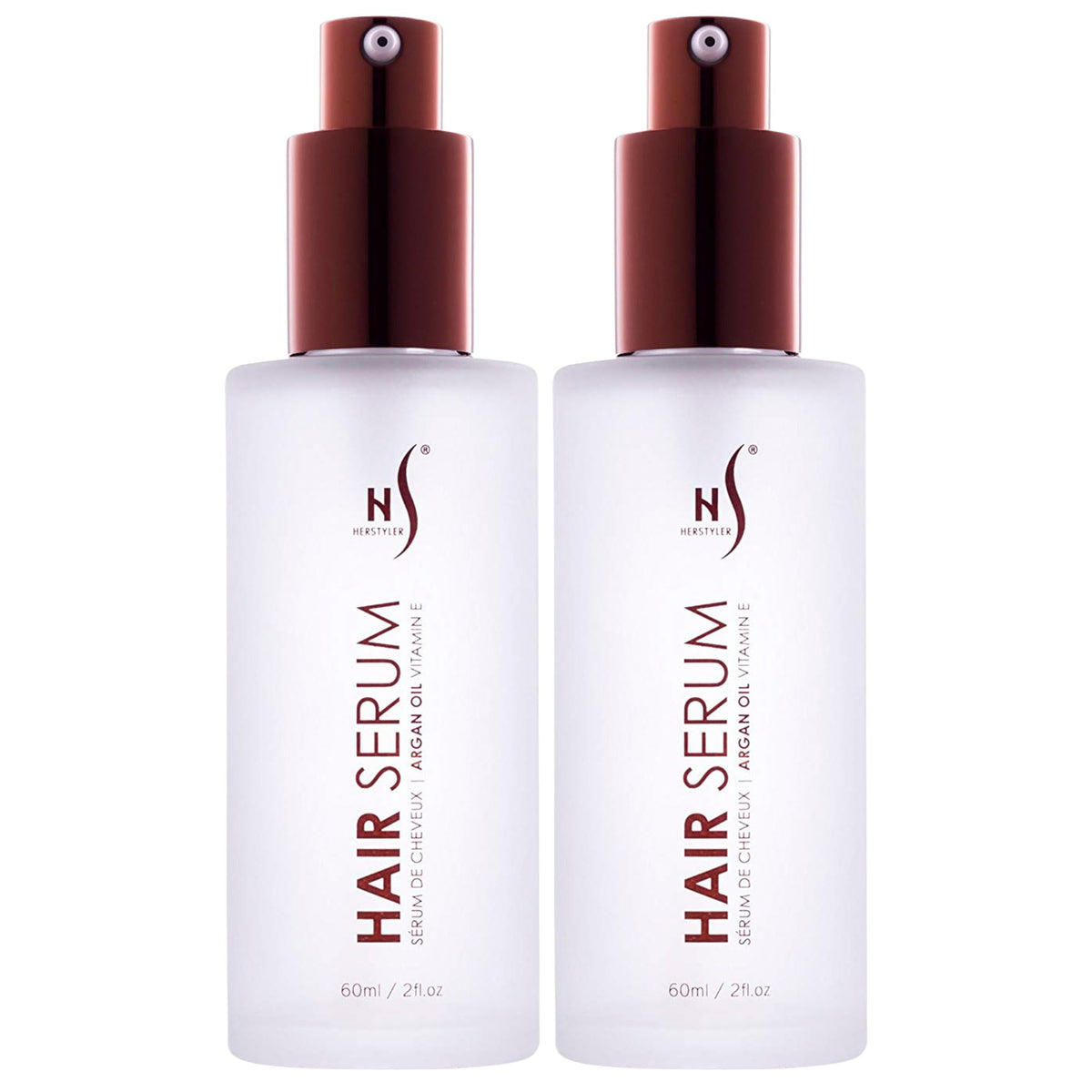 HerStyler front packaging showing two glass bottles and secure caps for travel-friendly use